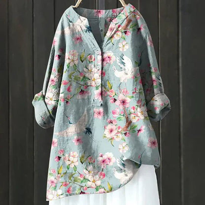 Women's Floral Tunic Top Long Sleeve Button-Up - Light Green