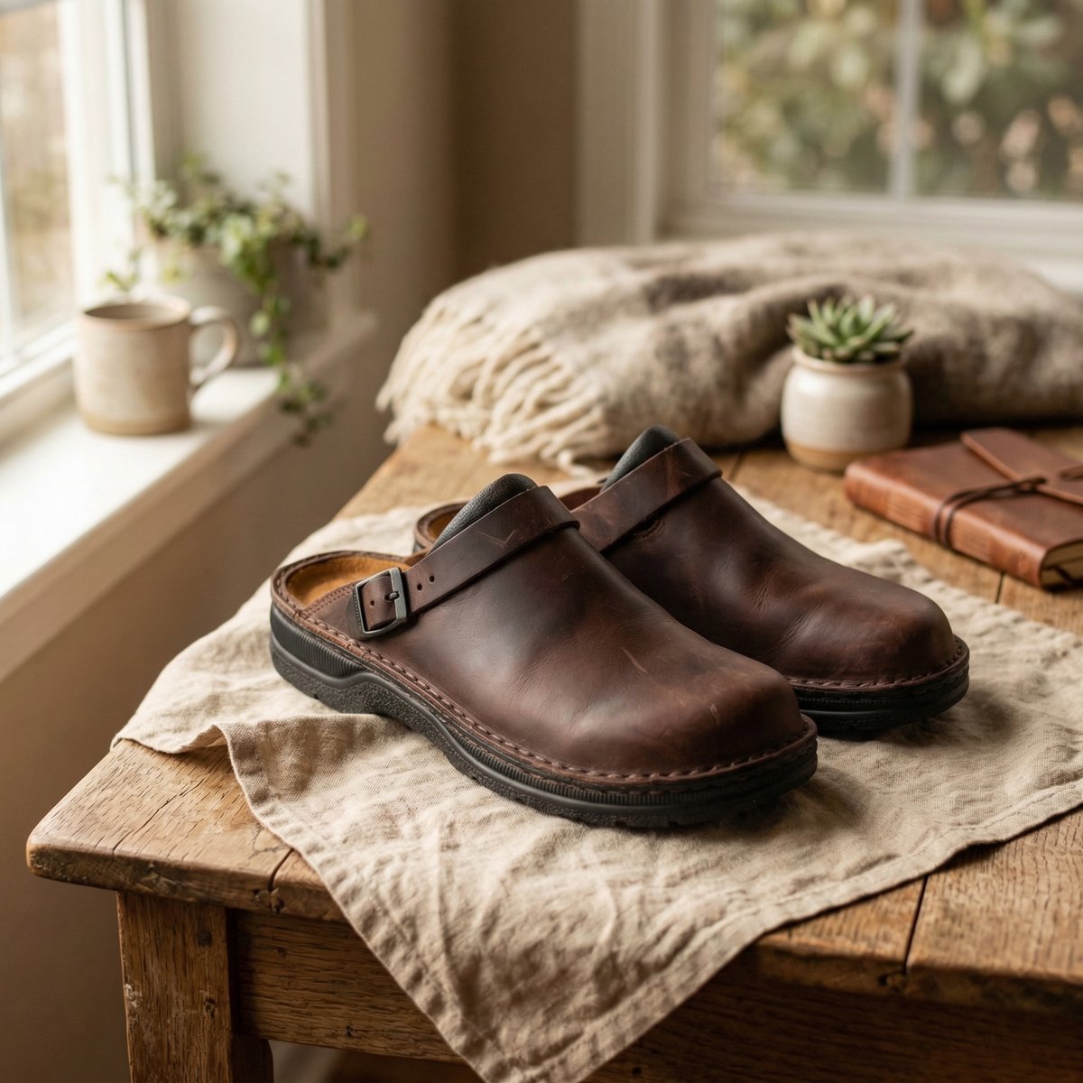 Women's Full-Grain Leather Ergonomic Slip-On Clogs