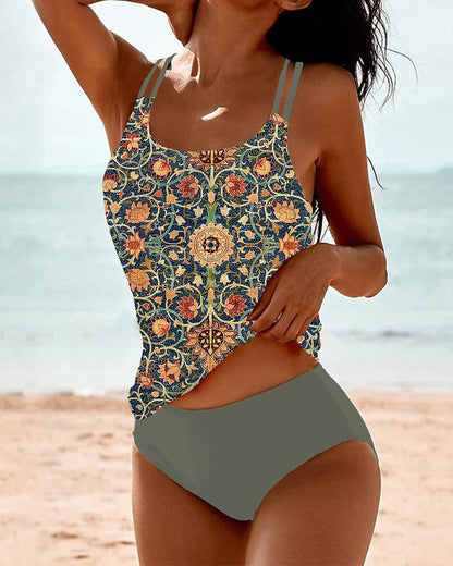Women's High-Waisted Printed Two-Piece Tankini - Red