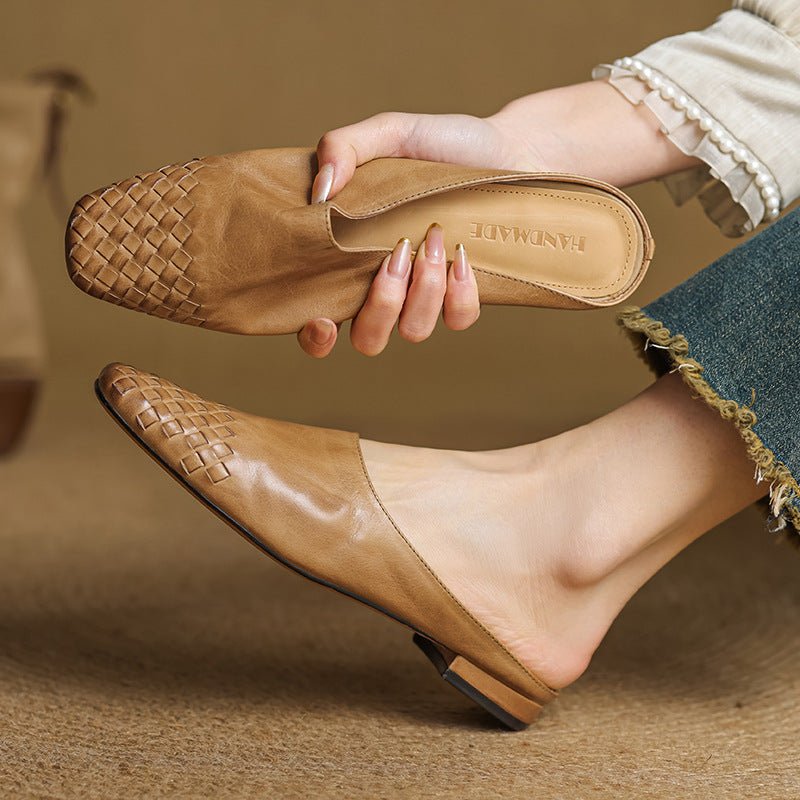 Women's Leather Mules Square Toe Woven Slip-On Flats