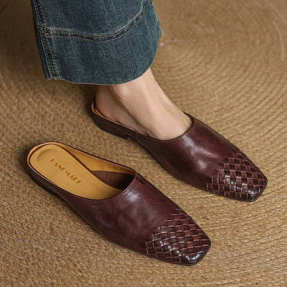 Women's Leather Mules Square Toe Woven Slip-On Flats