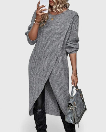 Women's Long-Sleeve Asymmetric Hem Knit Sweater Dress