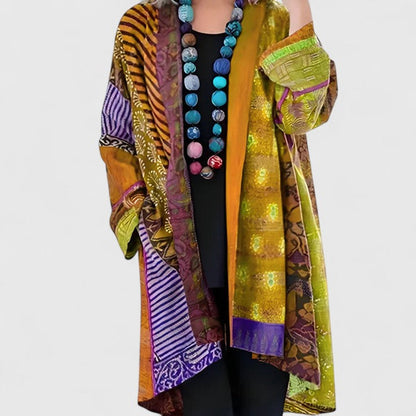 Aziah | Cárdigan largo de mujer abierto con estampado patchwork