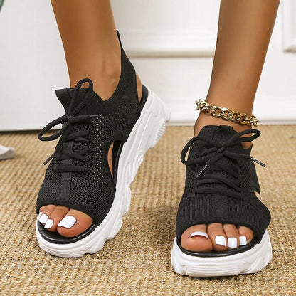 Women's Orthopedic Platform Sandals Lace-Up Knit - Pink