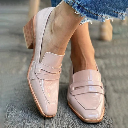 Women's Patent Leather Loafers Block Heel Slip-On Comfort