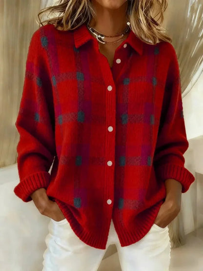 Women's Plaid Knit Button-Up Oversized Jacket Cardigan - Green