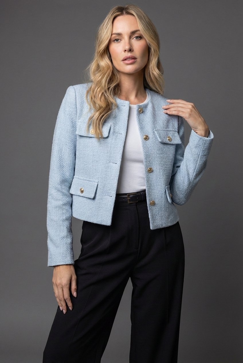 Women's Tweed Cropped Blazer Round Neck Gold Buttons - Black