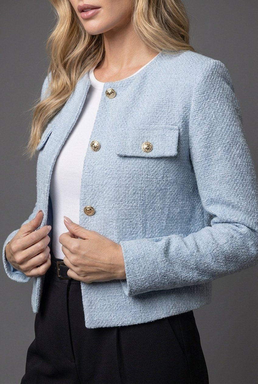 Blazer Tweed Cuello Redondo Botones