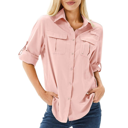 Women's UPF 50 Long Sleeve Hiking Shirt Roll-Up Safari - Mud Yellow