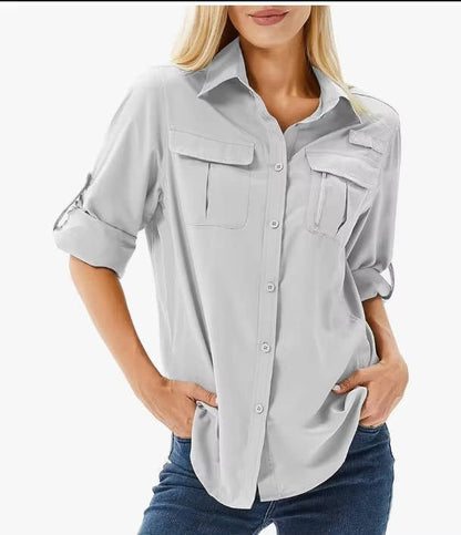 Women's UPF 50 Long Sleeve Hiking Shirt Roll-Up Safari