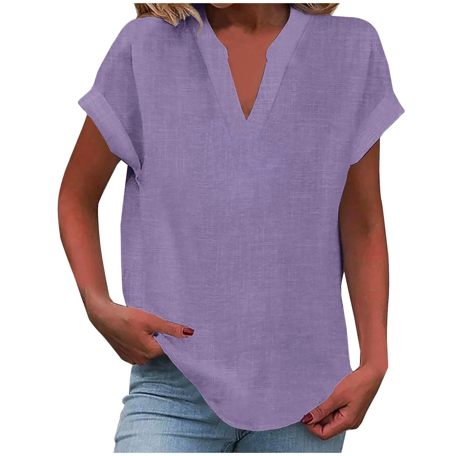 Women's V-Neck Blouse Relaxed Fit Short Sleeve - Beige