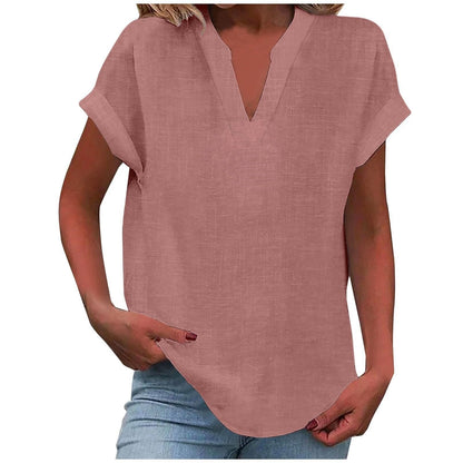 Women's V-Neck Blouse Relaxed Fit Short Sleeve - Army Green