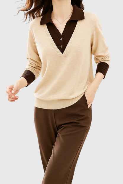 Women's V-Neck Polo Collar Knit Pullover Sweater - Lime