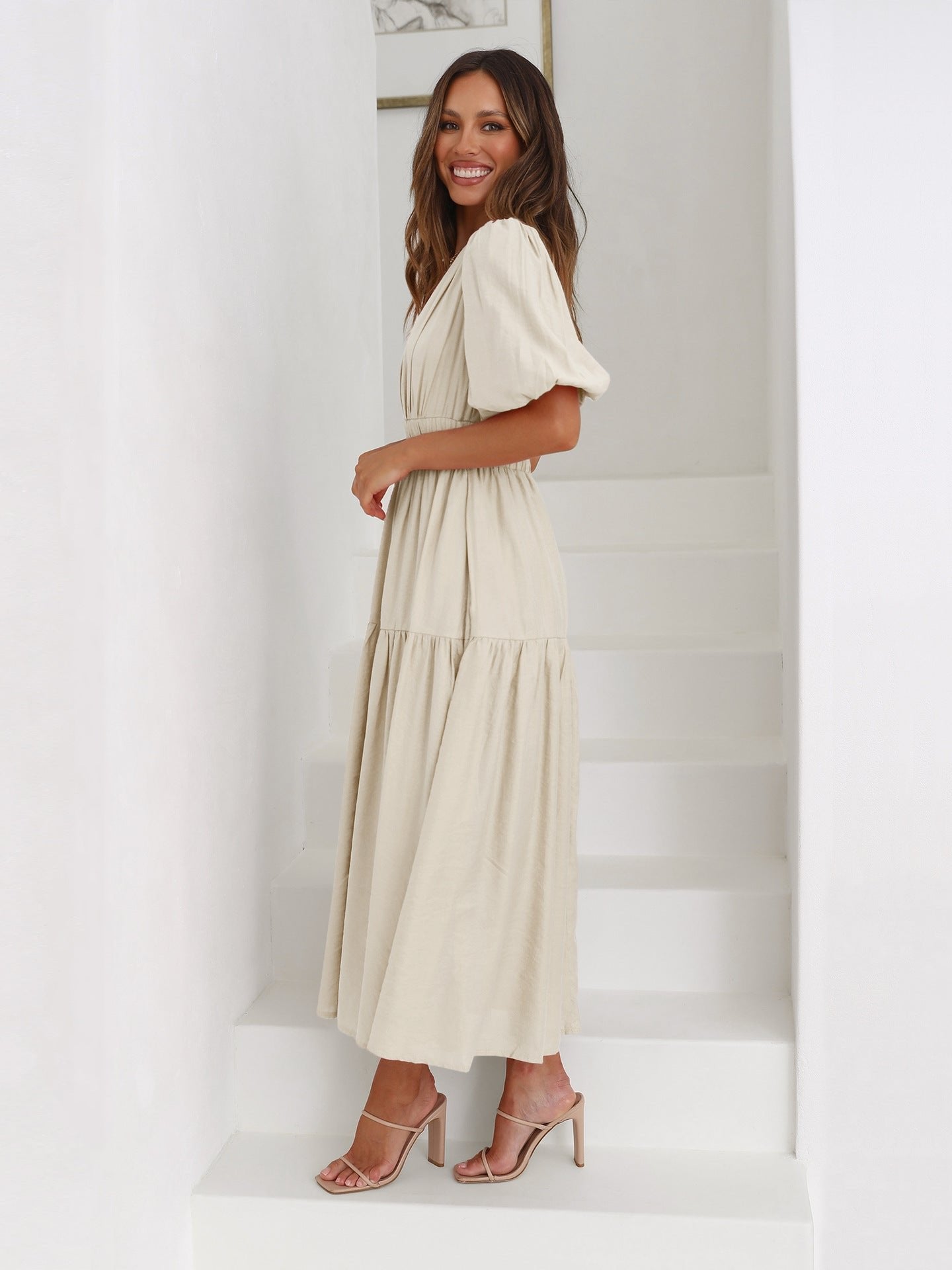 Vestido Midi Puños Abullonados Cintura Elásti