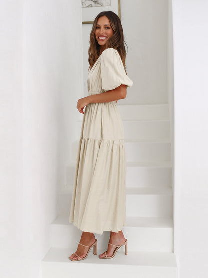 Vestido Midi Puños Abullonados Cintura Elásti