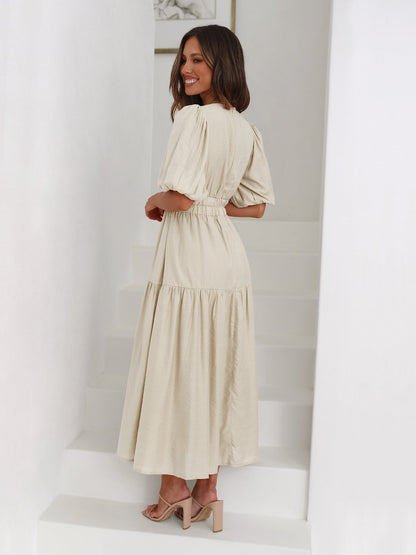 Vestido Midi Puños Abullonados Cintura Elásti