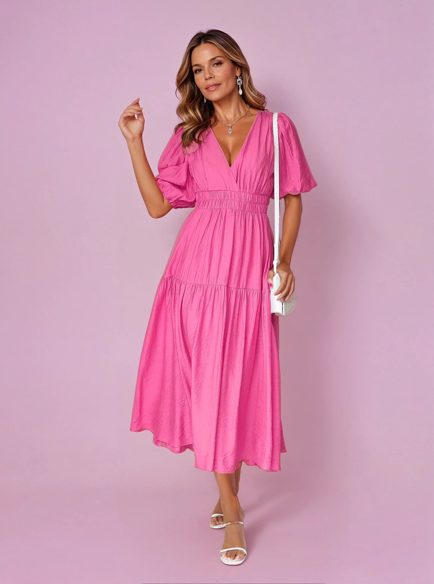 Vestido Midi Puños Abullonados Cintura Elásti