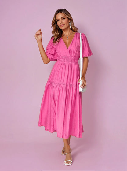 Vestido Midi Puños Abullonados Cintura Elásti