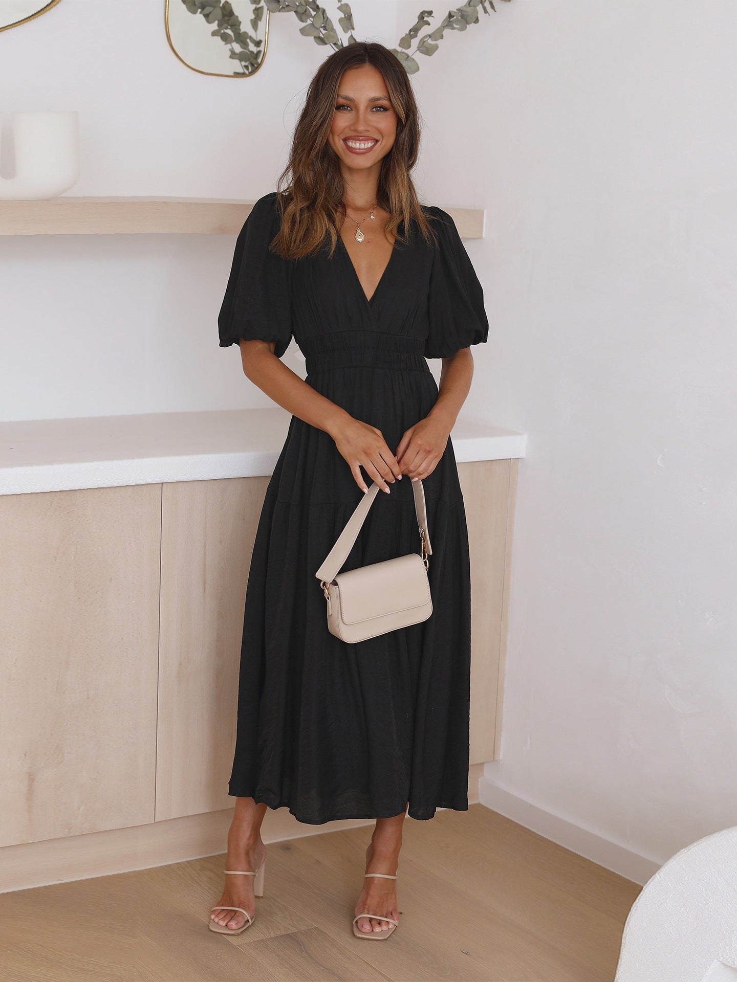 Women's V-Neck Puff Sleeve Midi Dress Smocked Waist - White
