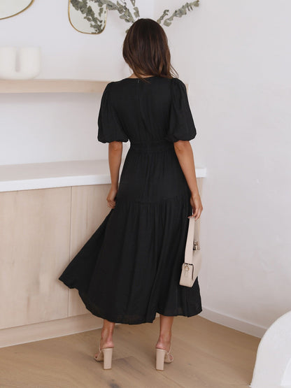 Vestido Midi Puños Abullonados Cintura Elásti