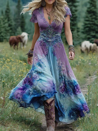 Women's V-Neck Short Sleeve Floral Maxi Dress