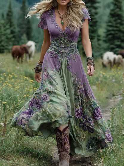 Vestido Maxi floreado Cuello V Manga Corta