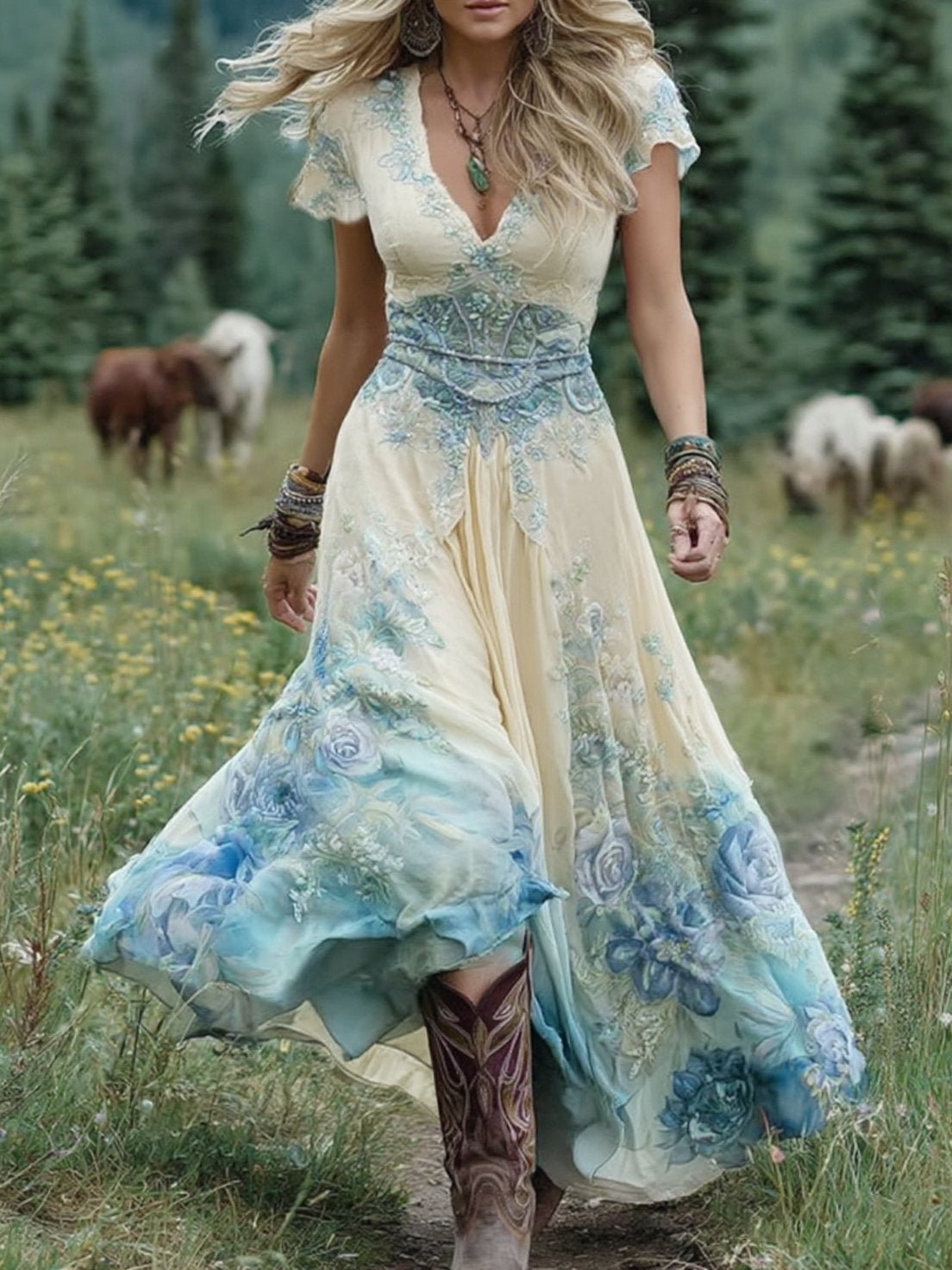 Vestido Maxi floreado Cuello V Manga Corta