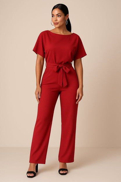 Women's Wide Leg Jumpsuit Short Sleeve Belted - Blau