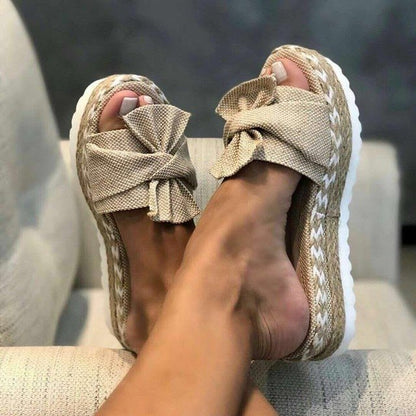 Women's Woven Wedge Sandals Bow Detail Platform - Brown