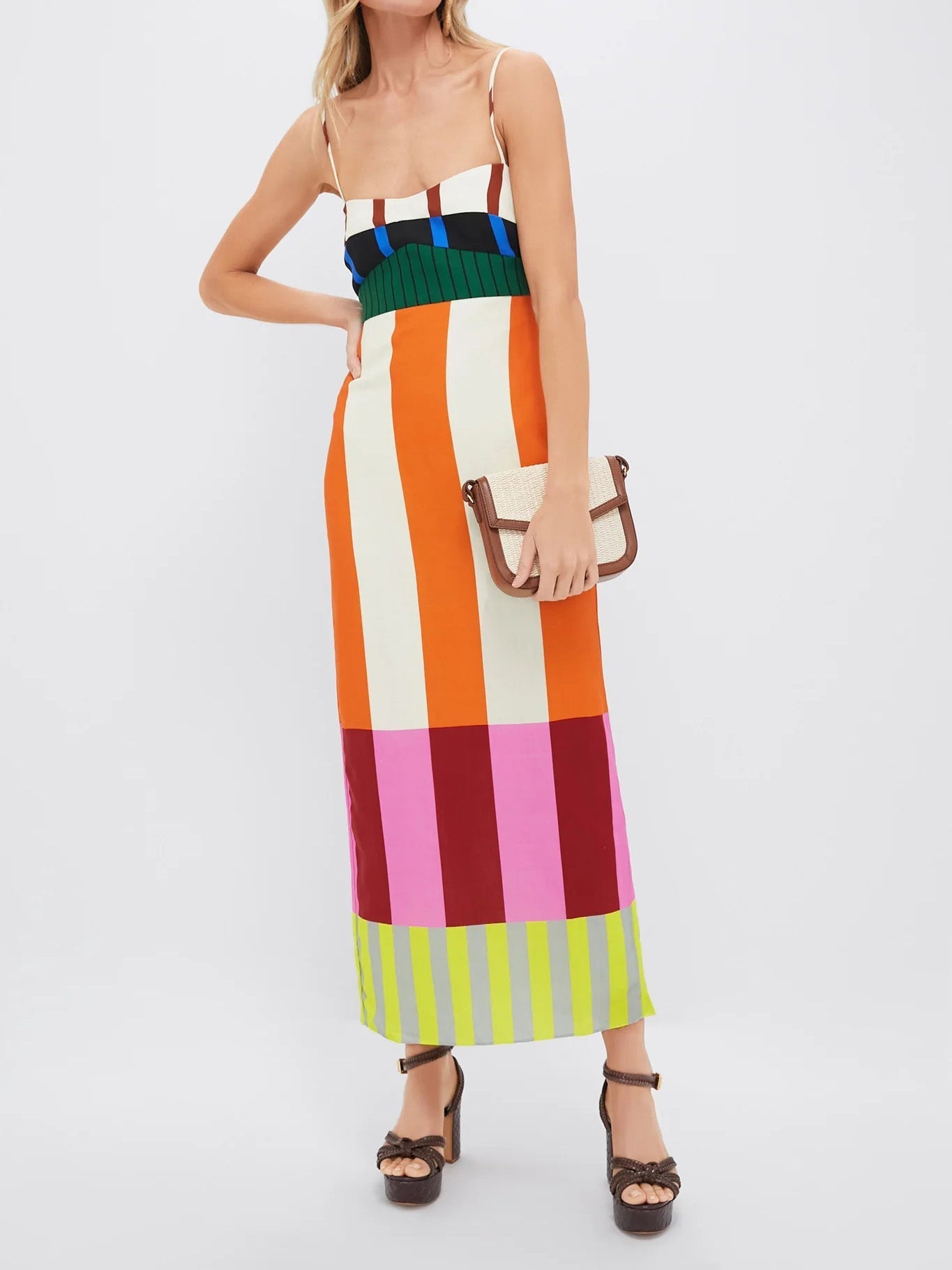Vestido maxi sin tirantes con estampado de rayas multicolor para mujer, ligero y elegante para verano o fiesta