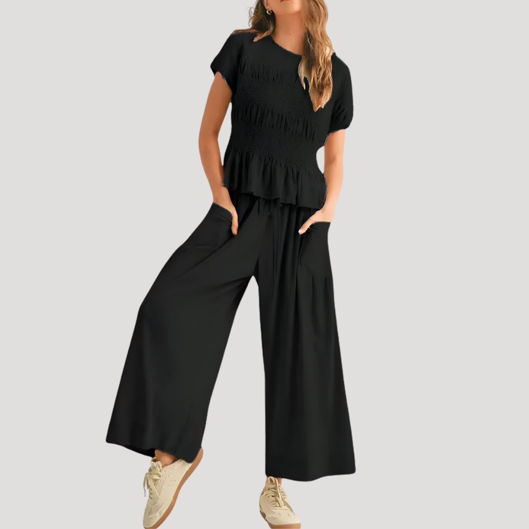 Zelda | Women's Peplum Top Wide Leg Pants Set - Black - Image 5