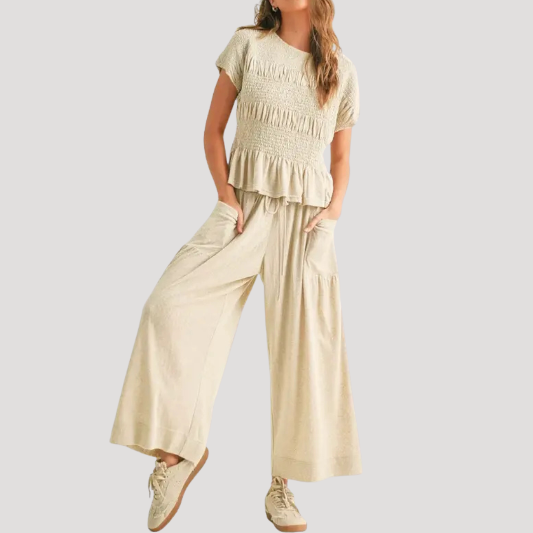 Conjunto top peplum y pantalón pierna ancha para mujer - Elegante verano