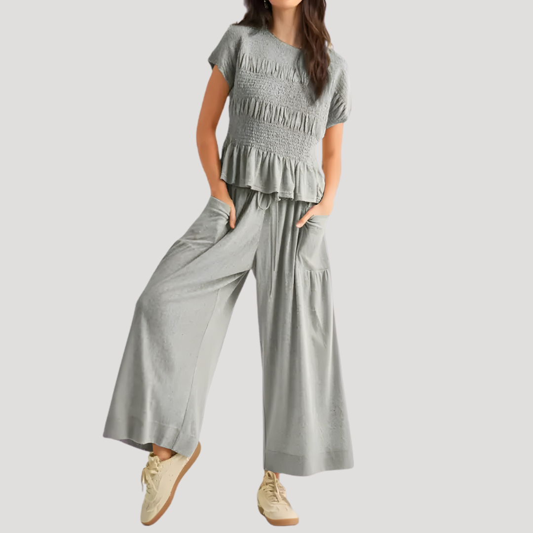 Conjunto top peplum y pantalón pierna ancha para mujer - Elegante verano