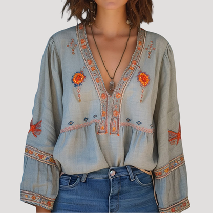 Zinnia | Women's Embroidered V-Neck Long Sleeve Blouse - Beige - Image 5