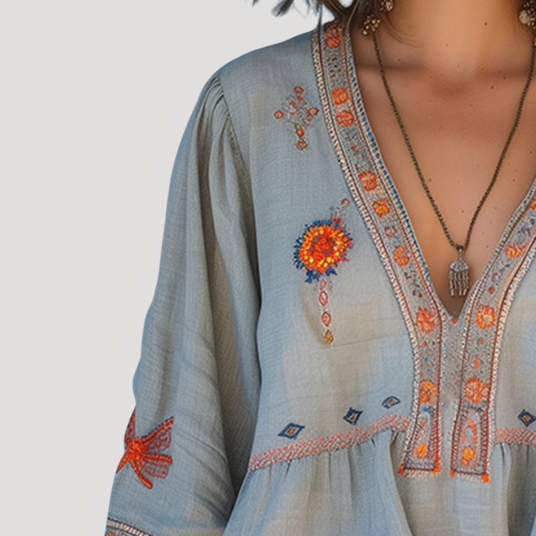 Blusa bordada de manga larga con cuello en V para mujer