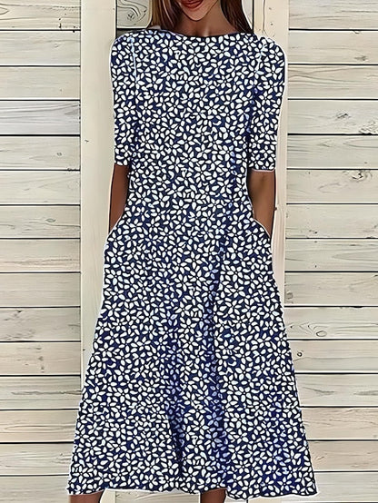 Vestido midi veraniego con flores costeras y cuello redondo para mujer, ligero y elegante
