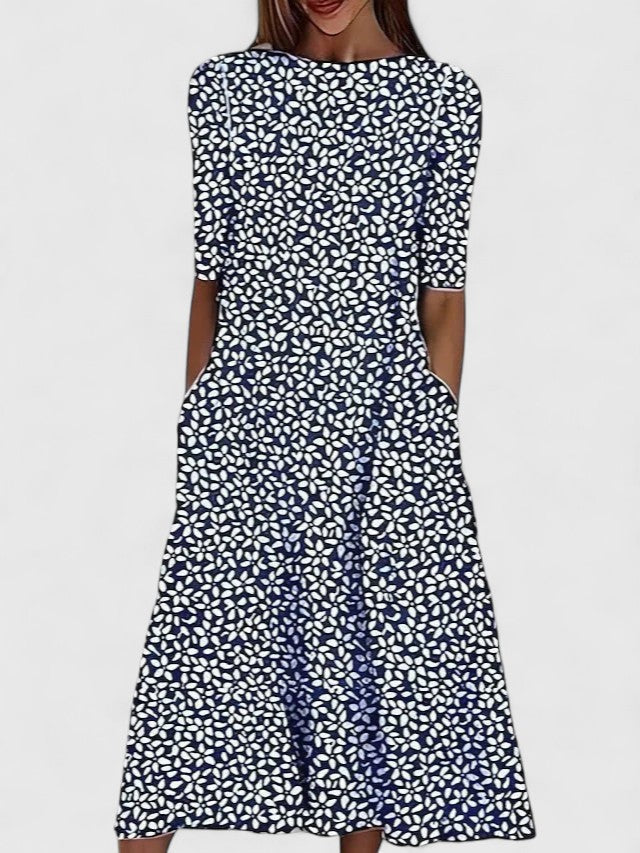 Elegante vestido midi con estampado floral azul para mujer, con mangas cortas, cintura ajustada y falda fluida